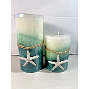 Sonoma Seaside Breeze Scented Candle Coastal With Starfish (2) 6" tall & 4" tall
